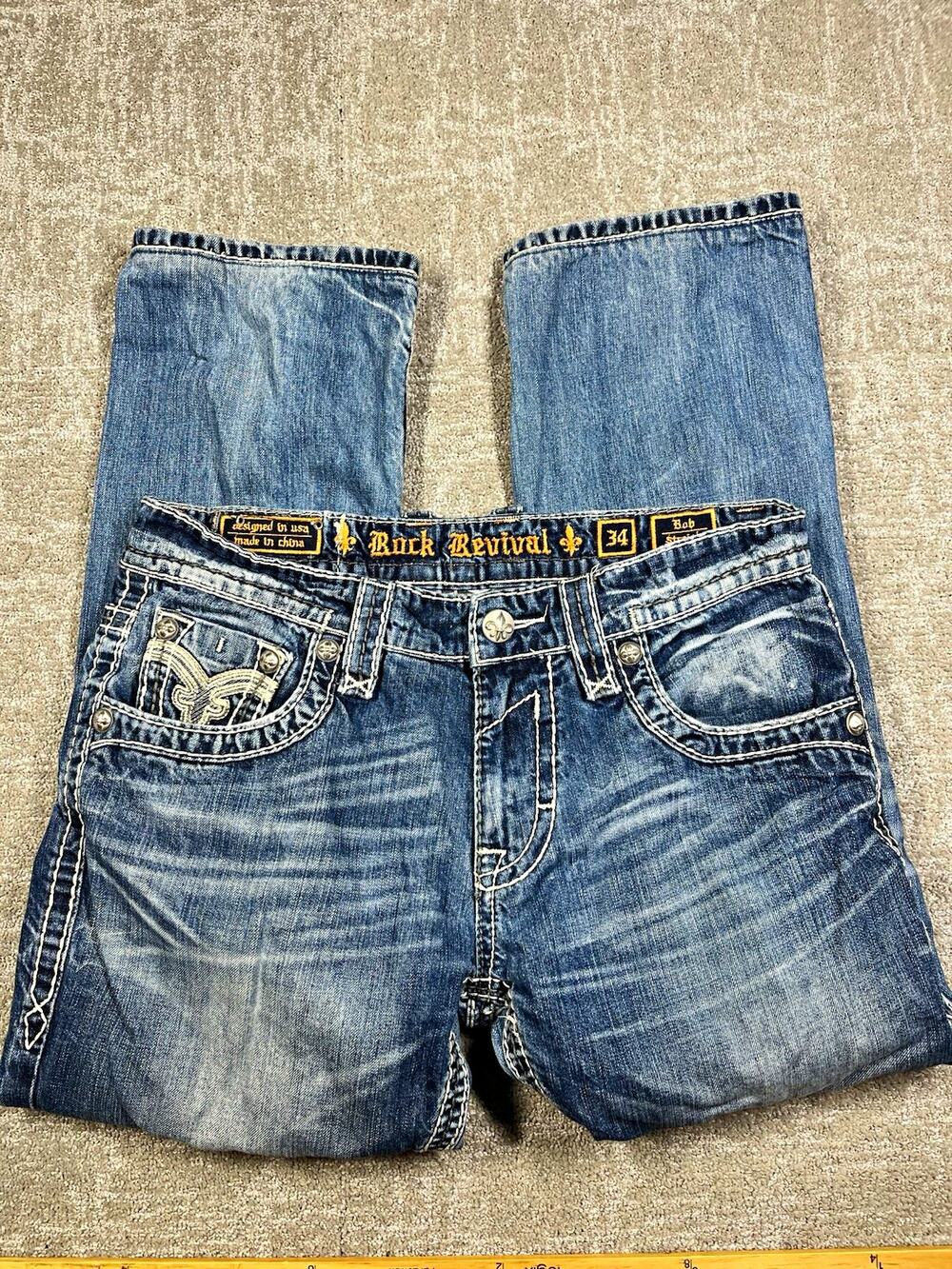 Rock Revival Bob Straight Fit Blue Medium Wash Denim Jeans READ BELOW